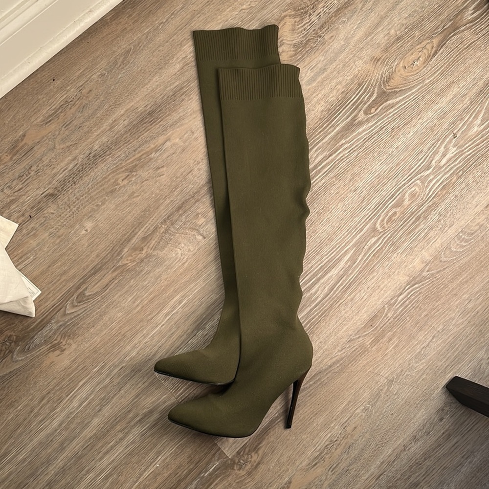 Olive Green Point Toe Stiletto Heeled Slip-On Sock Boots